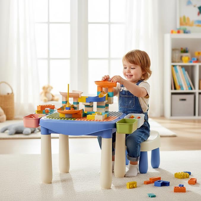 2 in 1 Plastic Study Desk & DIY Kids Blocks Toys Set Multicoloured - Image 3
