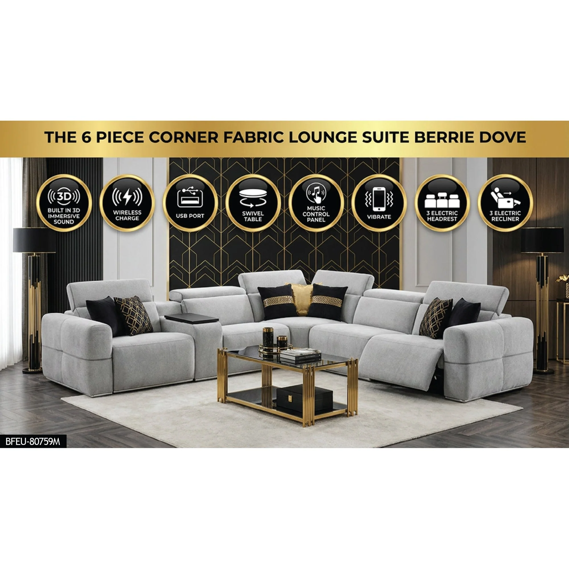 Barrie Dove 7Pc Corner Fabric Lounge Suite With Electric Recliners  80759 - Image 2
