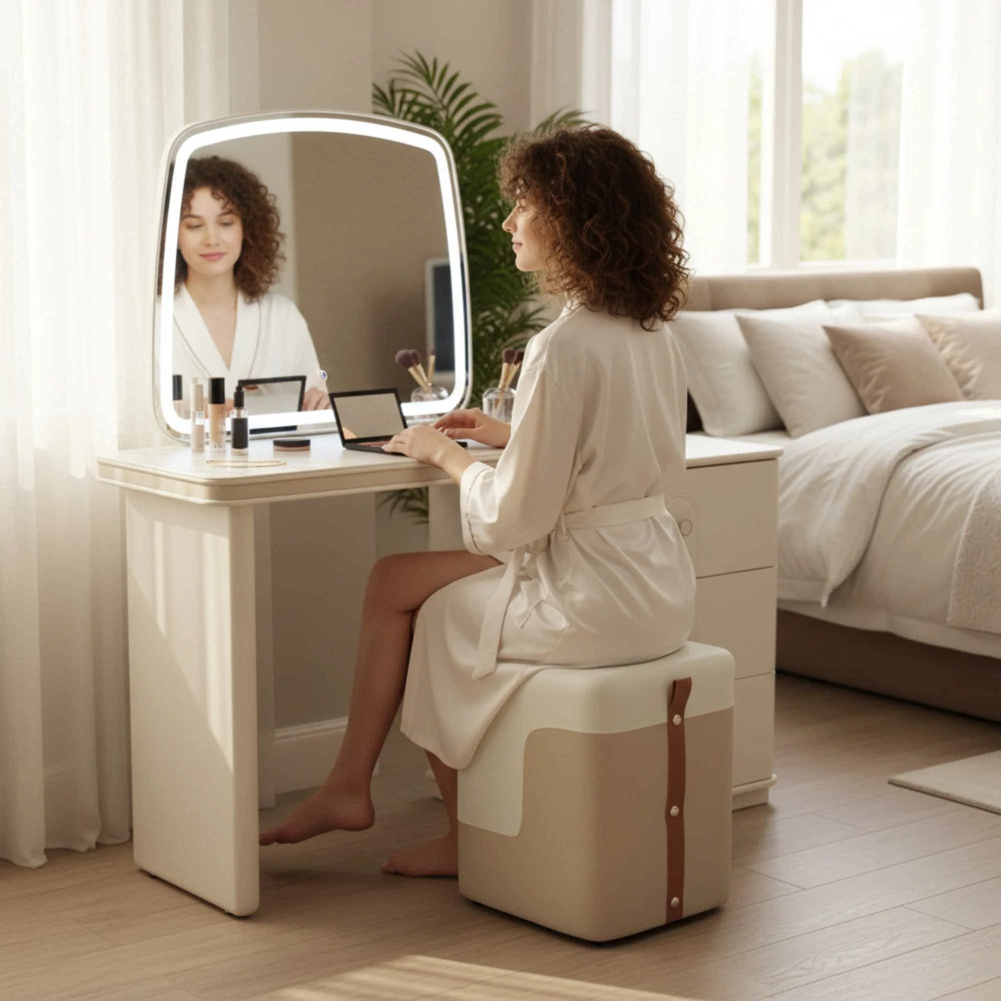 Dresser Table Cream LED Mirror With Stool  8522 - Image 2