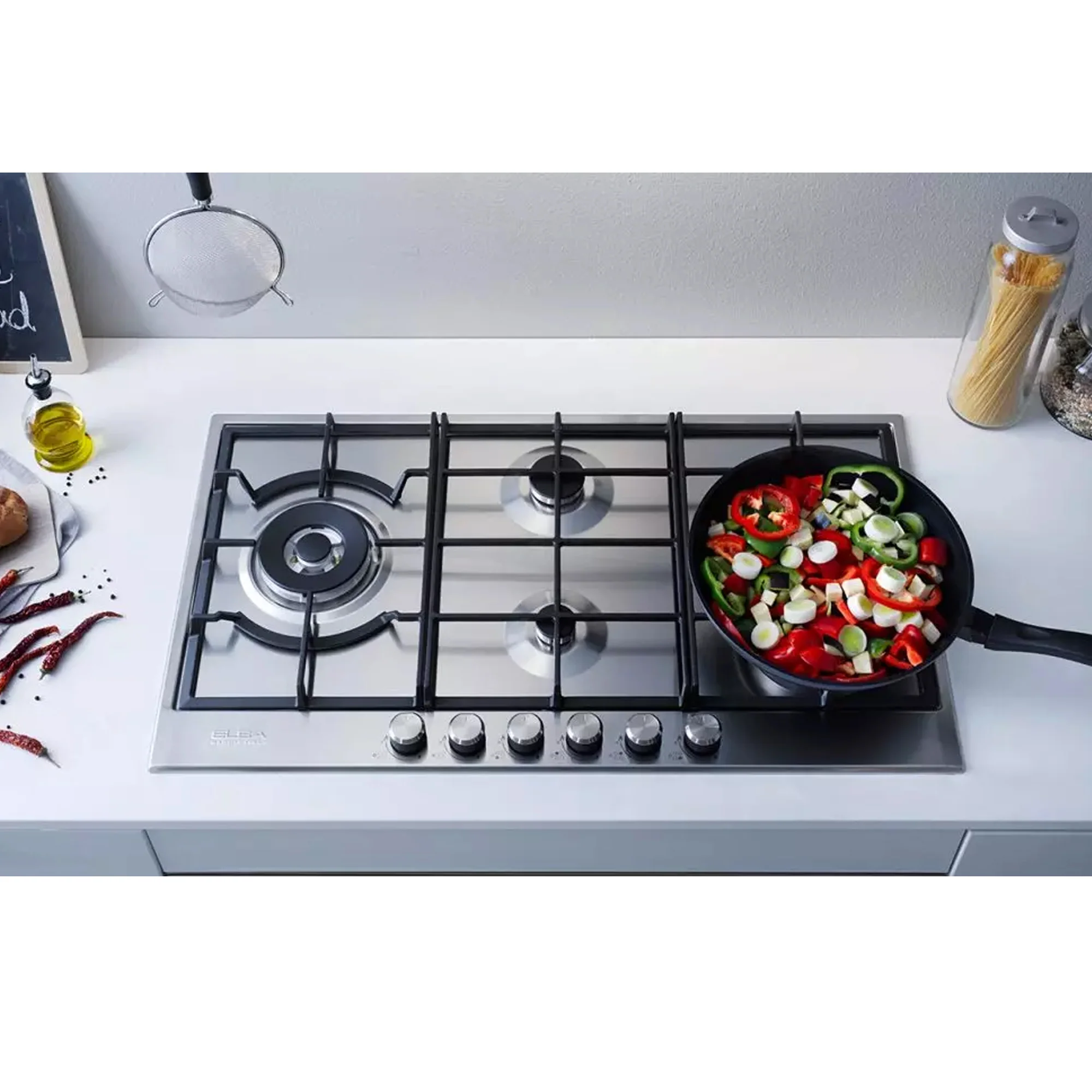 Elba Elio 90cm 5 Burner Gas Hob With Side Wok Burner ELIO 95-565 - Silver - Image 2