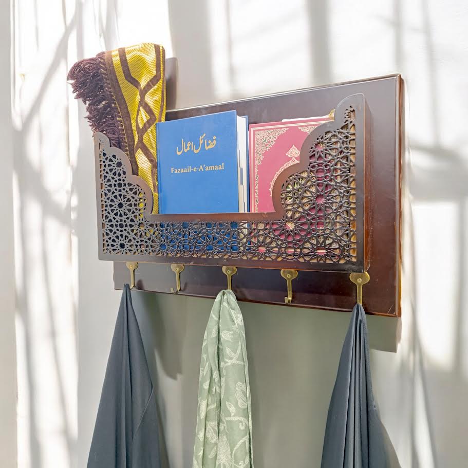Exotic Designs Wall Mounted Book Holder with 5 Hooks Brown - Image 2