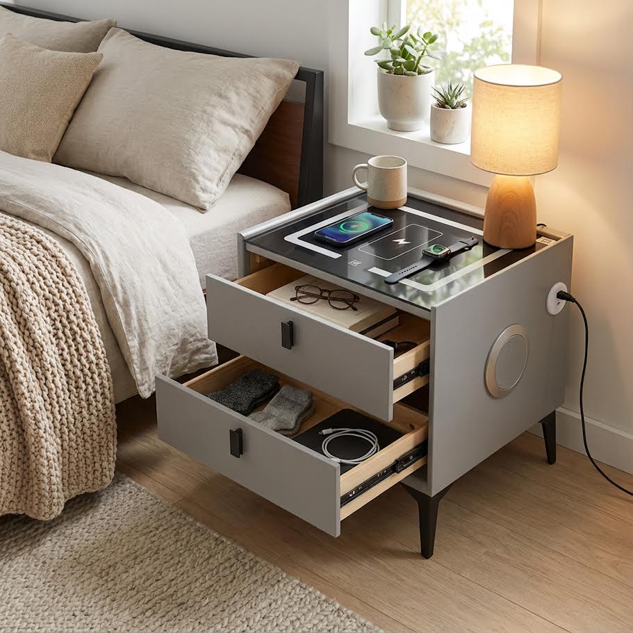Glass Top LED Side Pedestal With Speaker & Wireless Charger CA0302 - Image 2
