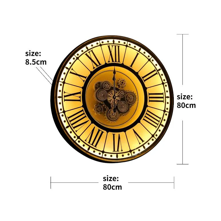 LED 80cm Round Berkshire Industrial Moving Cogs Wall Clock Black & Gold - Image 2