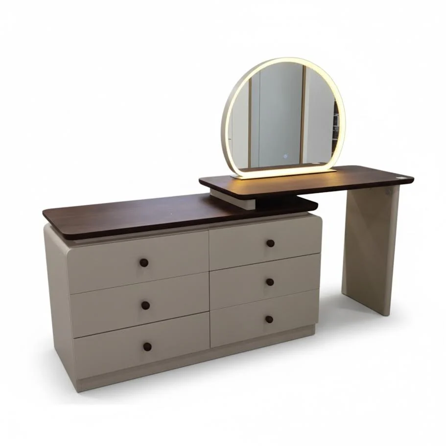 LED Adjustable Dressing Table With Round Mirror Brown  CA0722 - Image 2