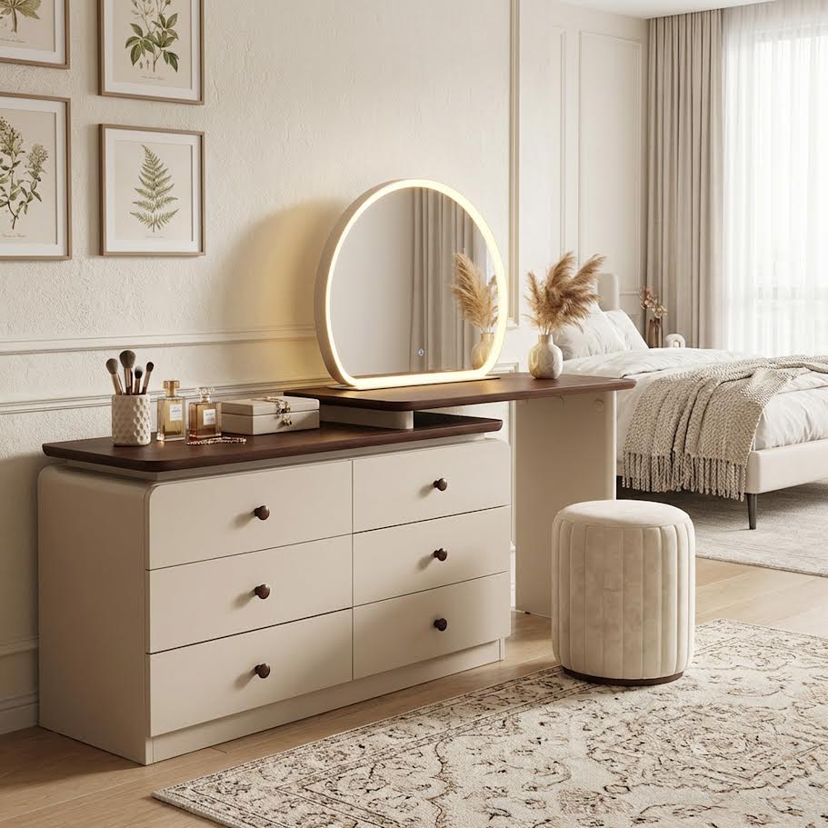 LED Adjustable Dressing Table With Round Mirror Brown  CA0722 - Image 3
