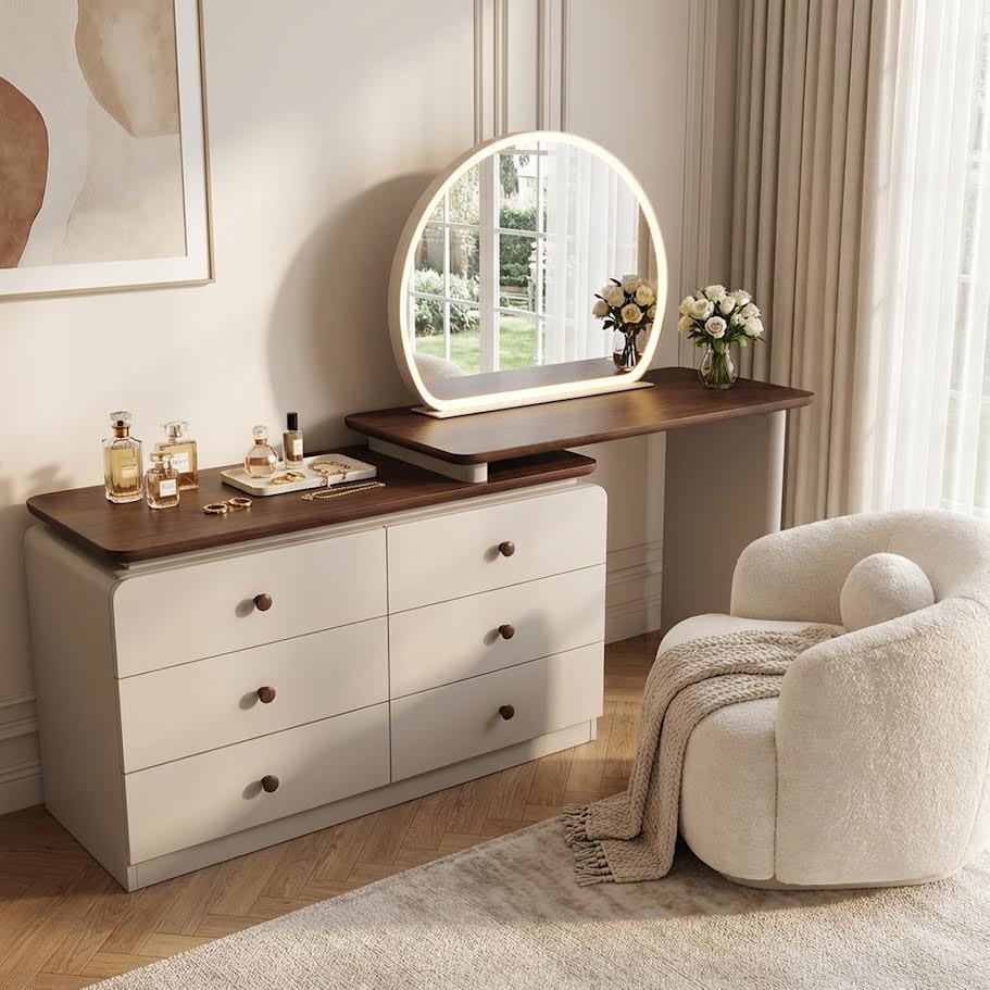 LED Adjustable Dressing Table With Round Mirror Brown  CA0722 - Image 4