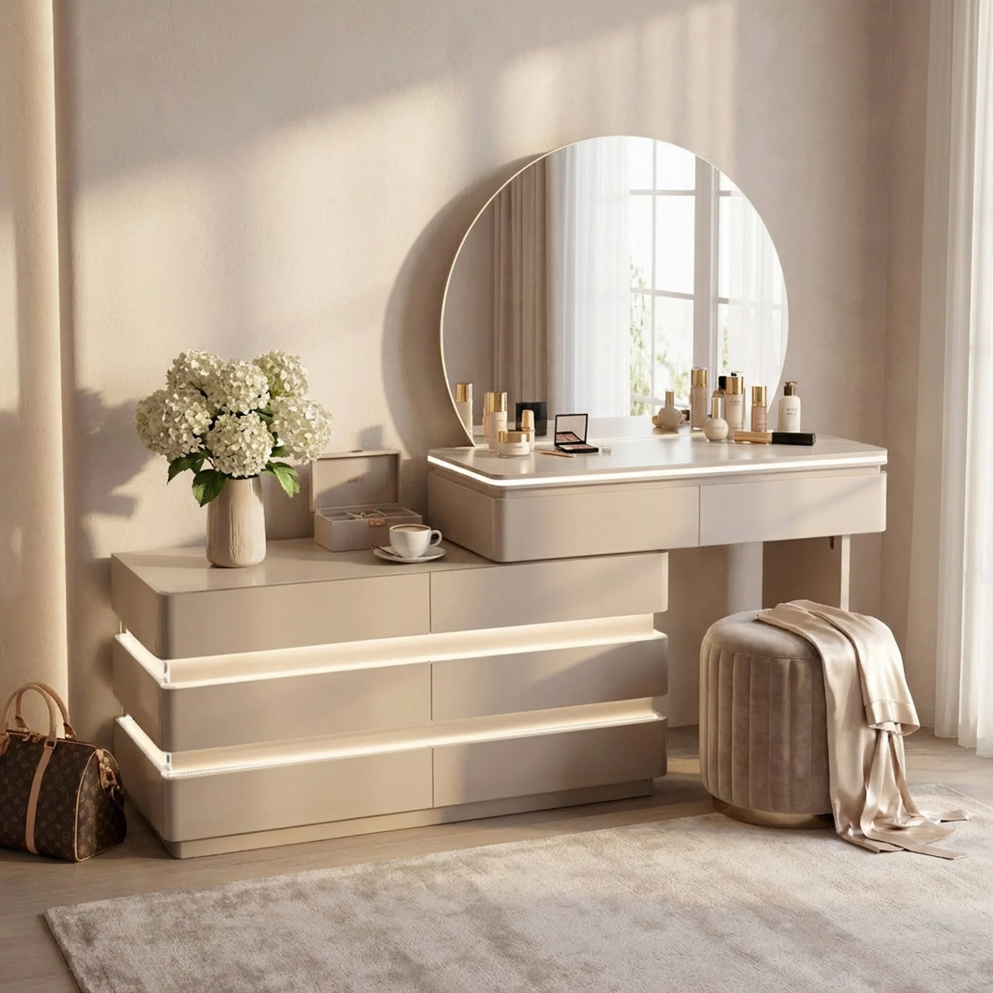 LED Dressing Table with Round Mirror Beige - Image 2