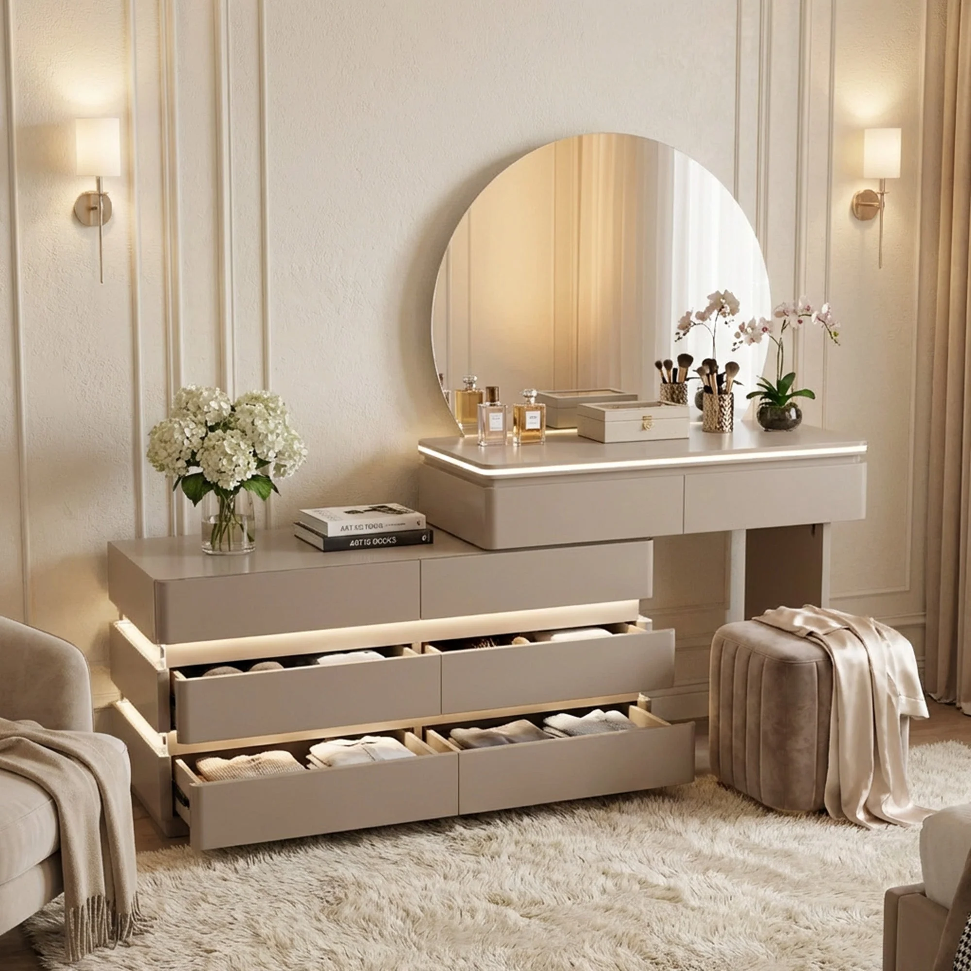 LED Dressing Table with Round Mirror Beige - Image 3