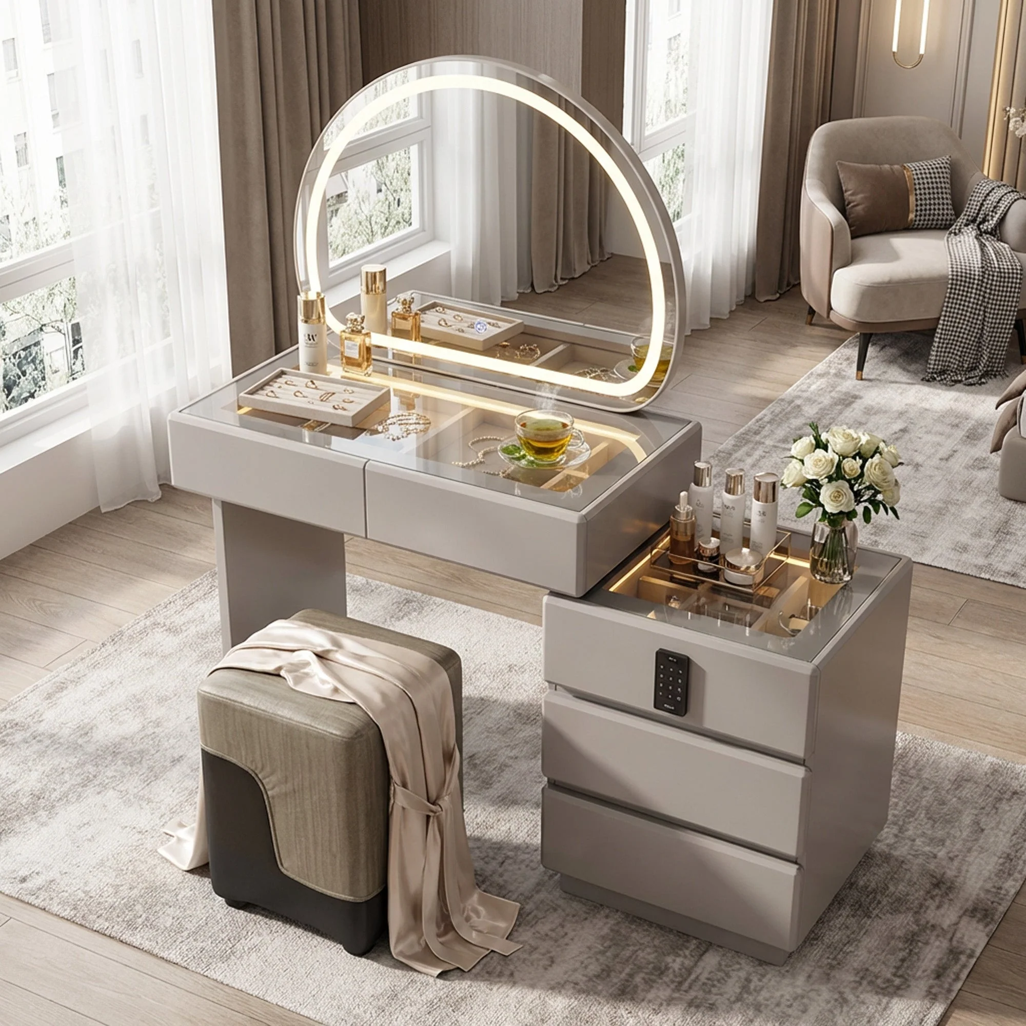 LED Dressing Table with Safe Beige - Image 3