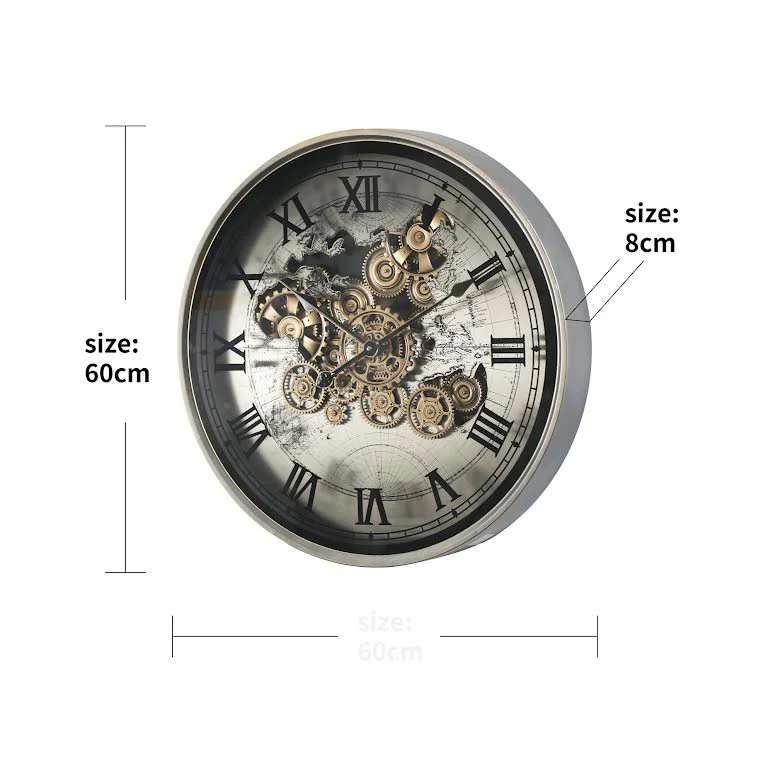 Marco World Map Industrial Silver Metal 60cm Moving Gears Wall Clock Gold - Image 2
