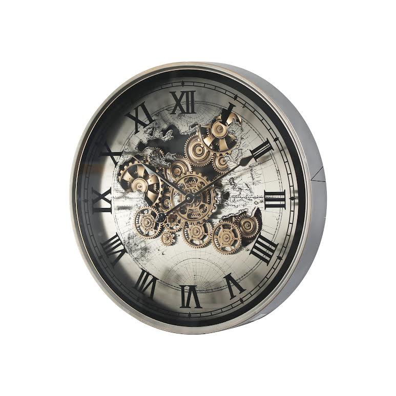 Marco World Map Industrial Silver Metal 60cm Moving Gears Wall Clock Gold - Image 4