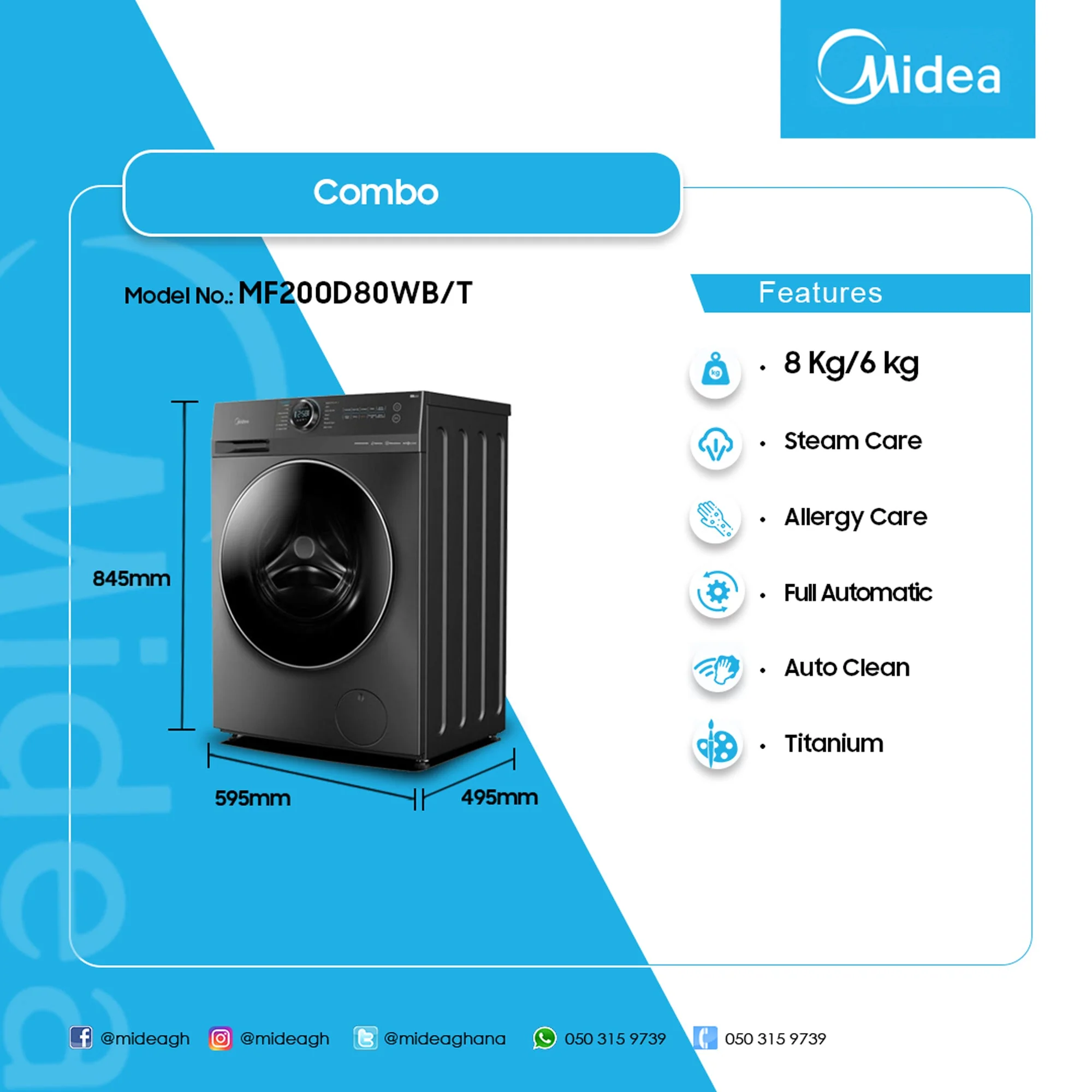 Midea 8/6kg Inverter Heat Pump Washer Tumble Dryer Titanium - Image 3