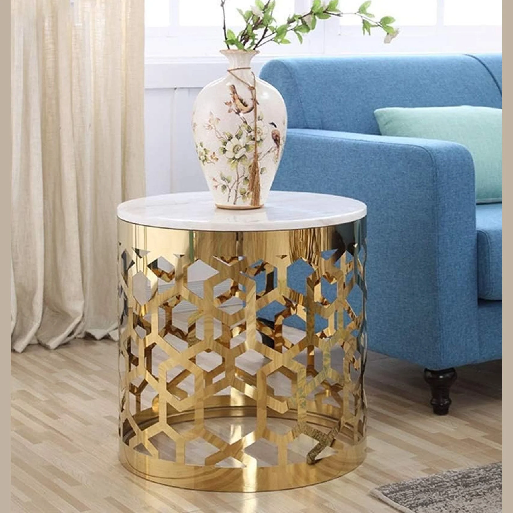 MWCTRG07 Abstract Round Gold And White Coffee Table - Image 3